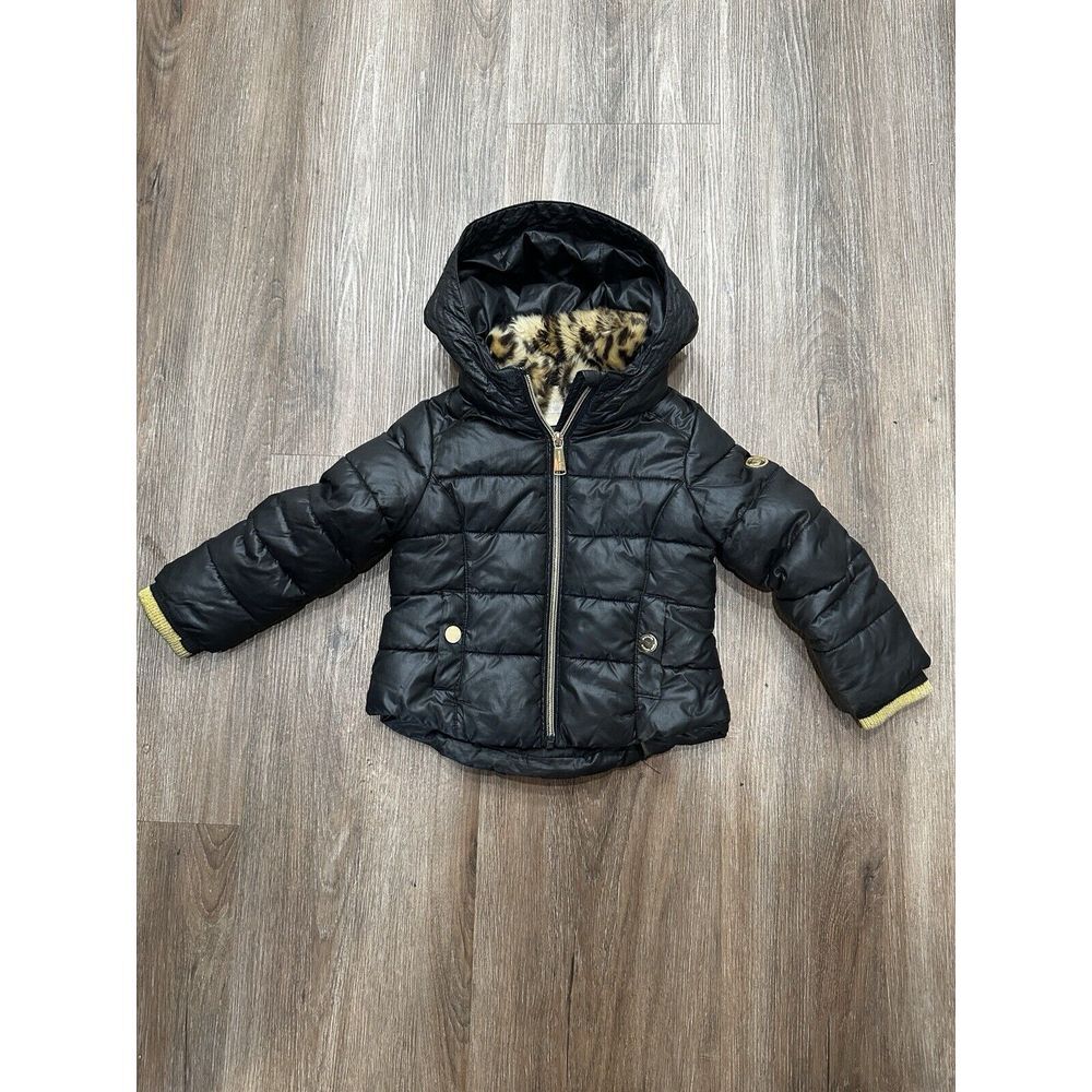 Kids Black Puffer Jacket with Leopard Print Fur Hood Winter Coat‎ Warm Outerwear